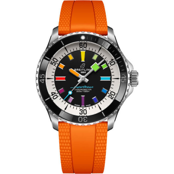 Breitling Superocean Automatic 42 Rainbow Edelstahl schwarzes Zifferblatt oranges Kautschukband